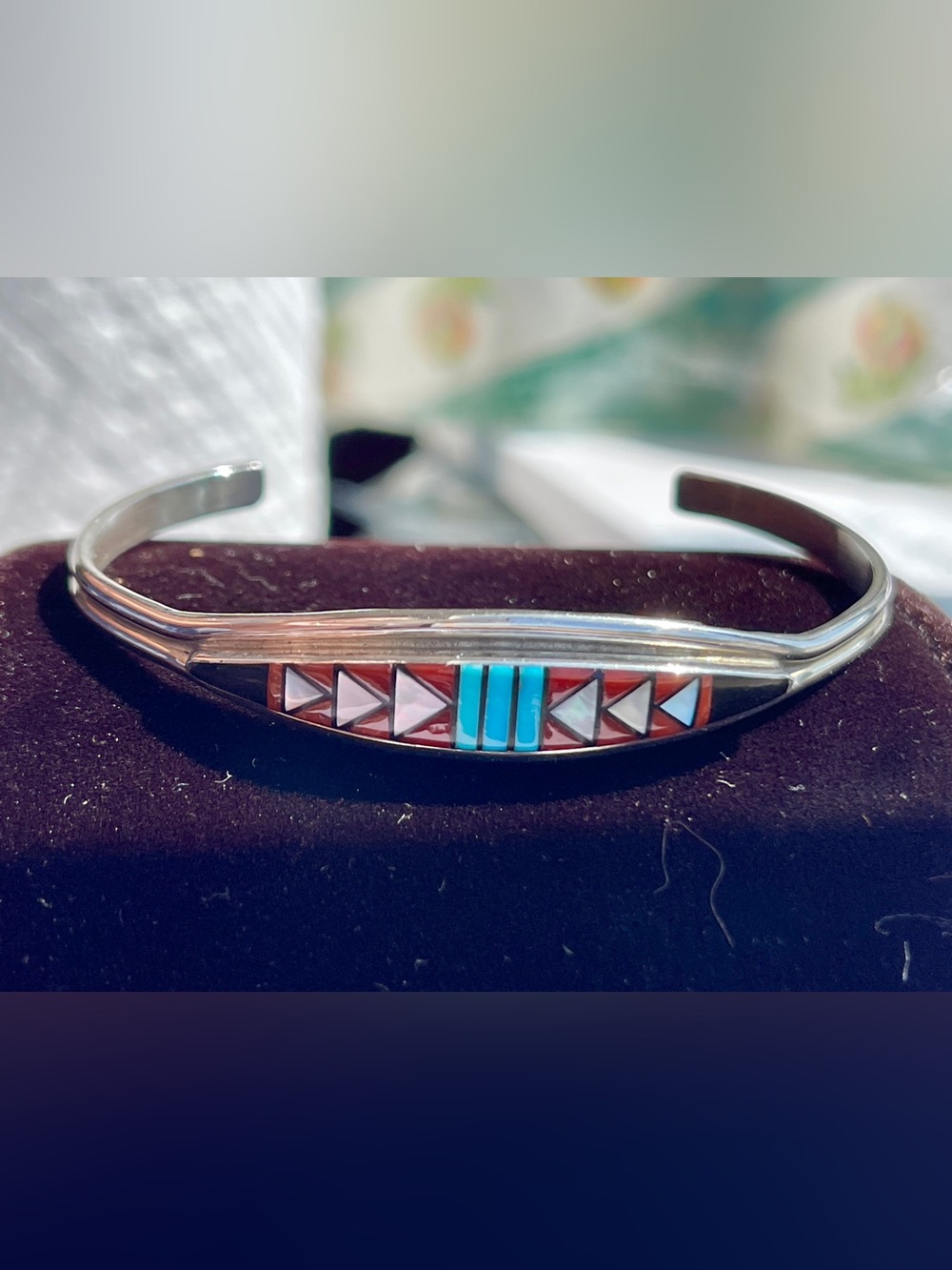 Vintage Zuni Micro-Inlaid Cuff Bracelet 925 Sterling Silver Signed Turquoise MOP